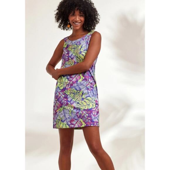 Caribbean Joe Tropical Print Tank Dress Lime multi floral scoopneck sleeveless S - Picture 1 of 8